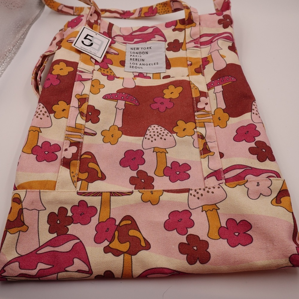 Psychedelic Mushroom Tote Bag Medium Pink Canvas Purse Cottagecore Retro Boho